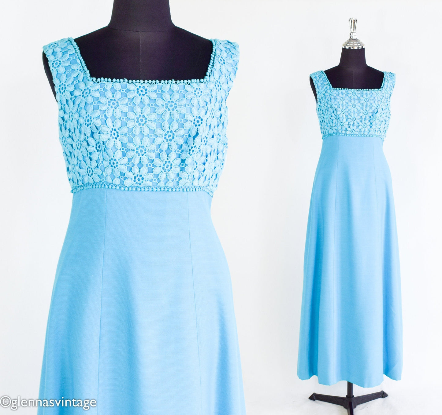 1960s Turquoise Blue Prom Dress | 60s Cotton Flower Lace Top Maxi Dress | XS
