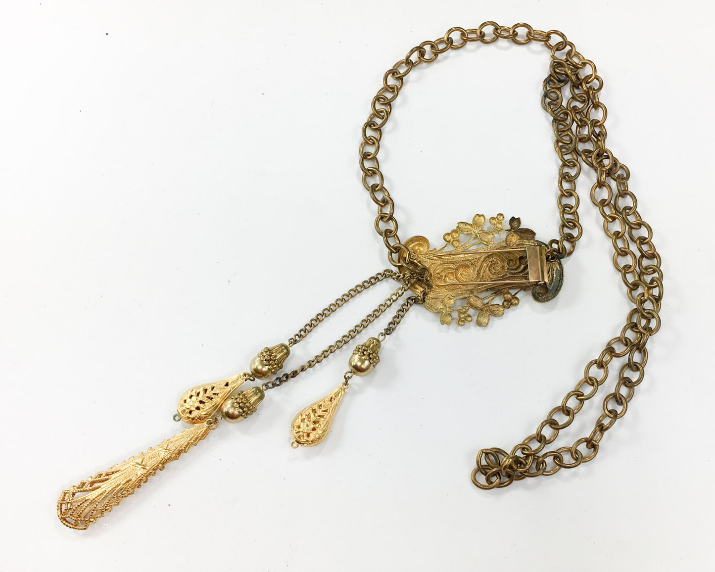 1940s Brass Chain Fur Clip | 40s Long Chain Dress Clip | Gold Chain Necklace