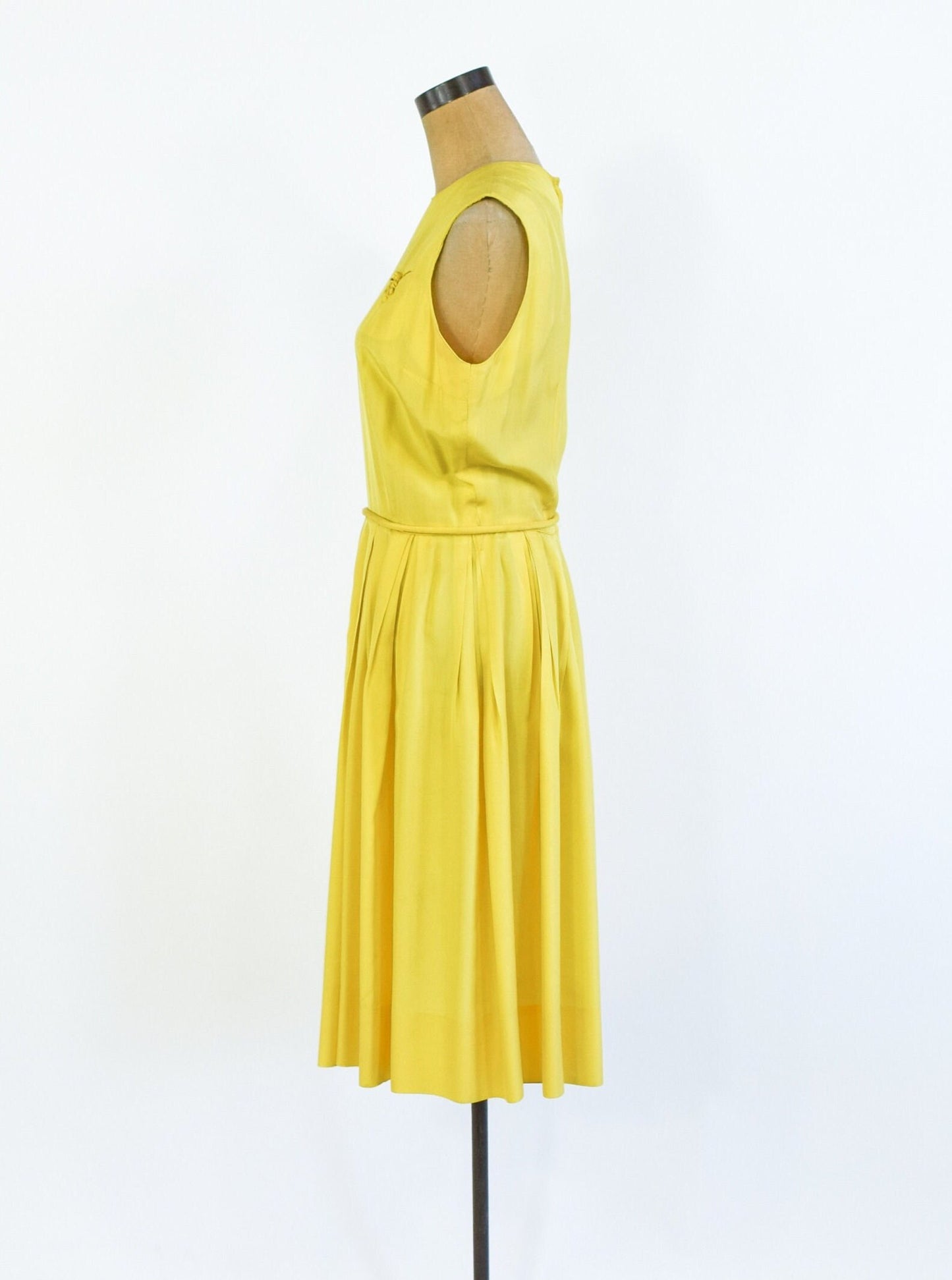 1950s Yellow Silk Dress | 50s Yellow Silk Sleeveless Dress | Small