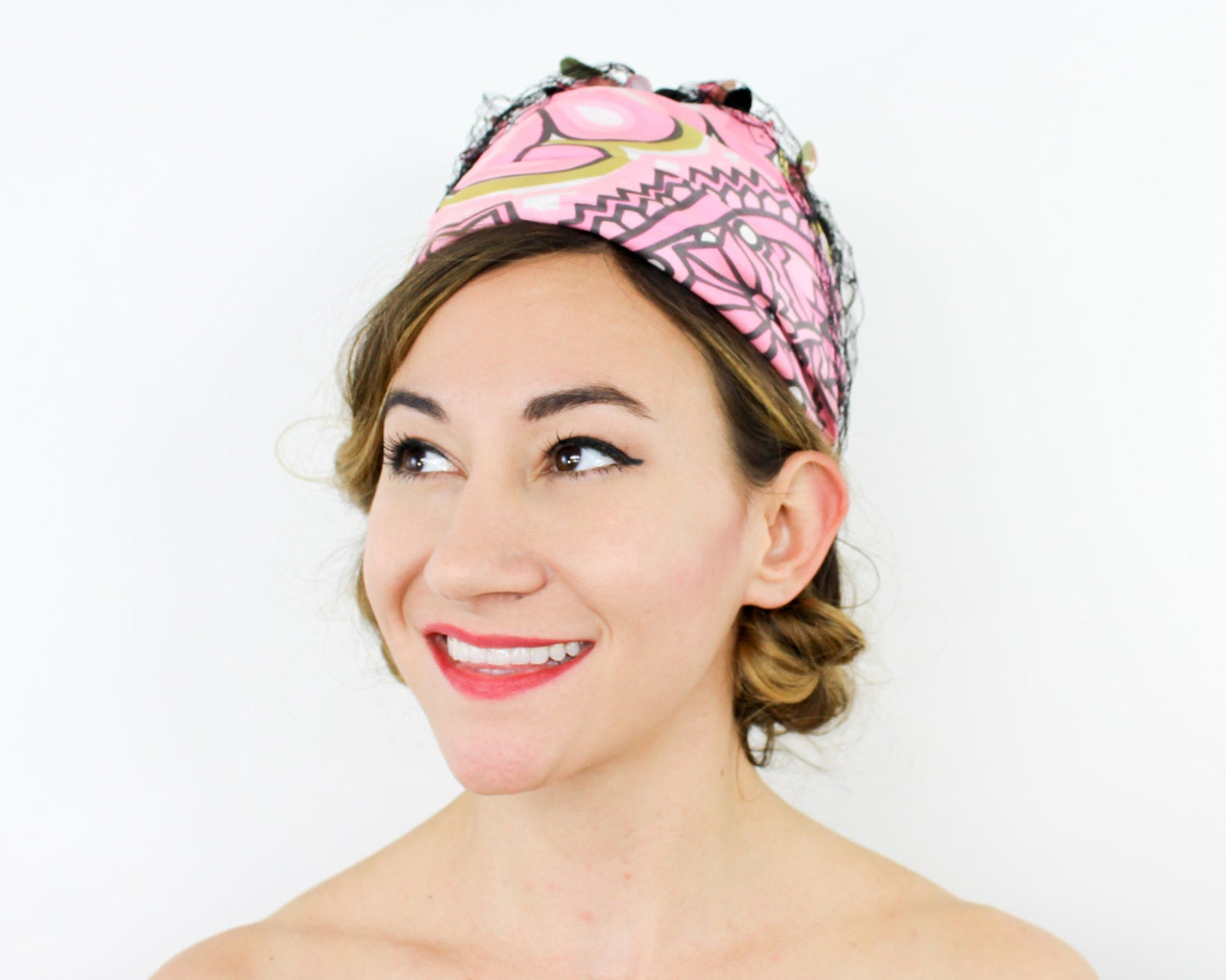 1960s Pink Print Turban Hat