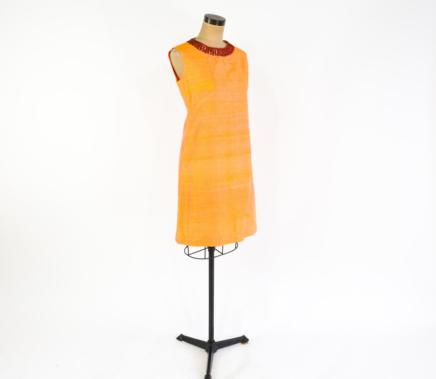 1960s Orange Silk Shift Dress | Sequin Collar, Medium