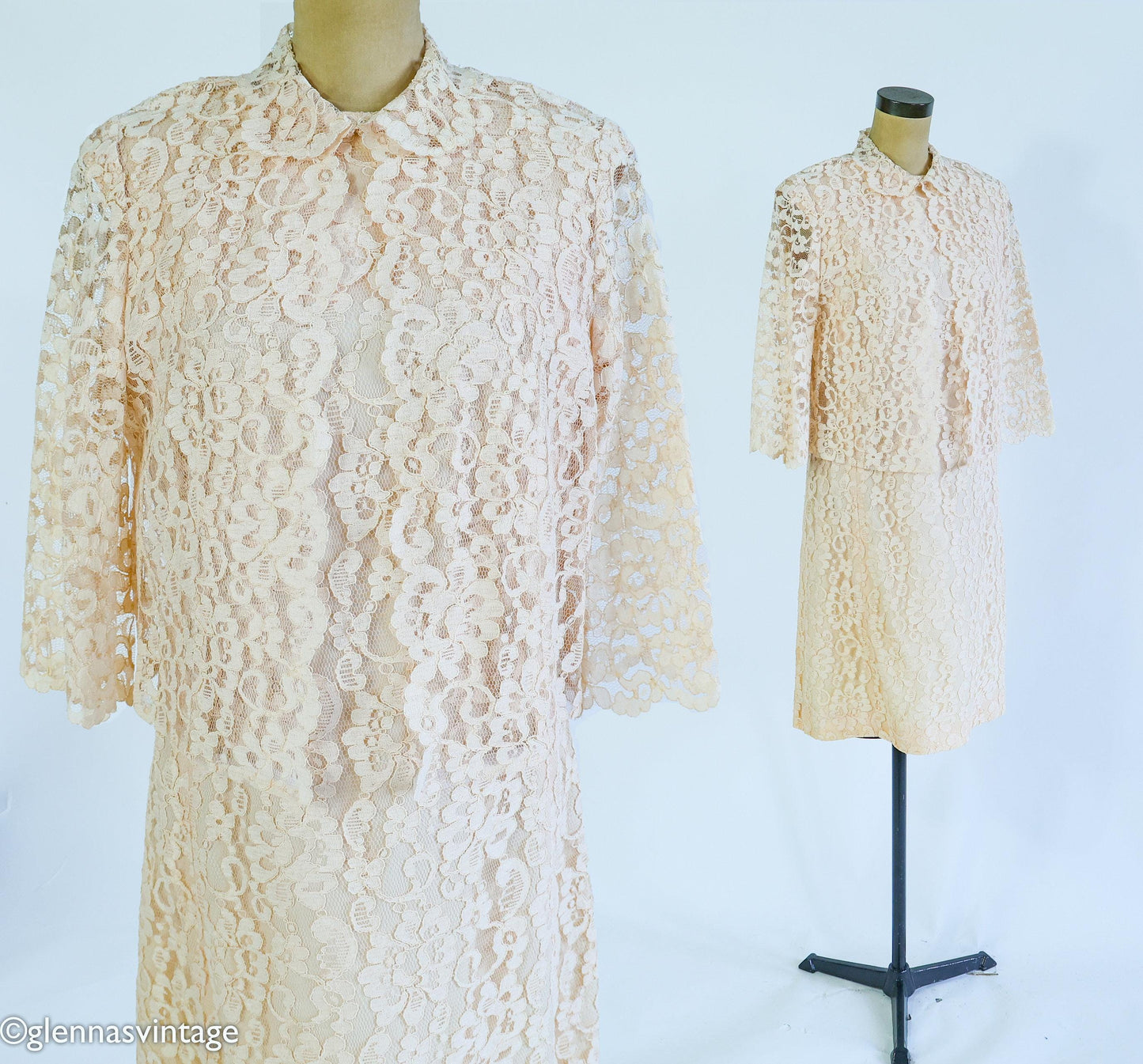 1960s Peach Lace Dress & Jacket Set, Wedding Ensemble, Large