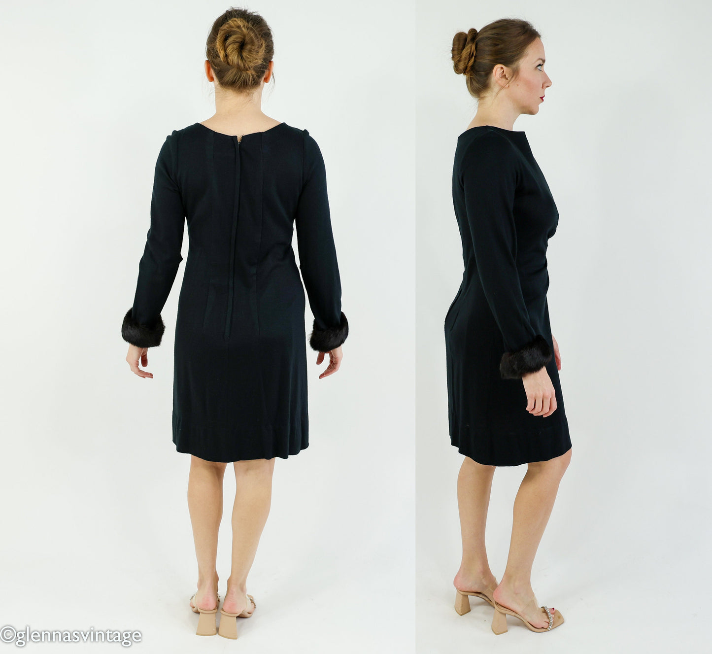 1960s Black Wool Fur Cuff Dress | 60s Black Wool Knit Cocktail Dress | Medium
