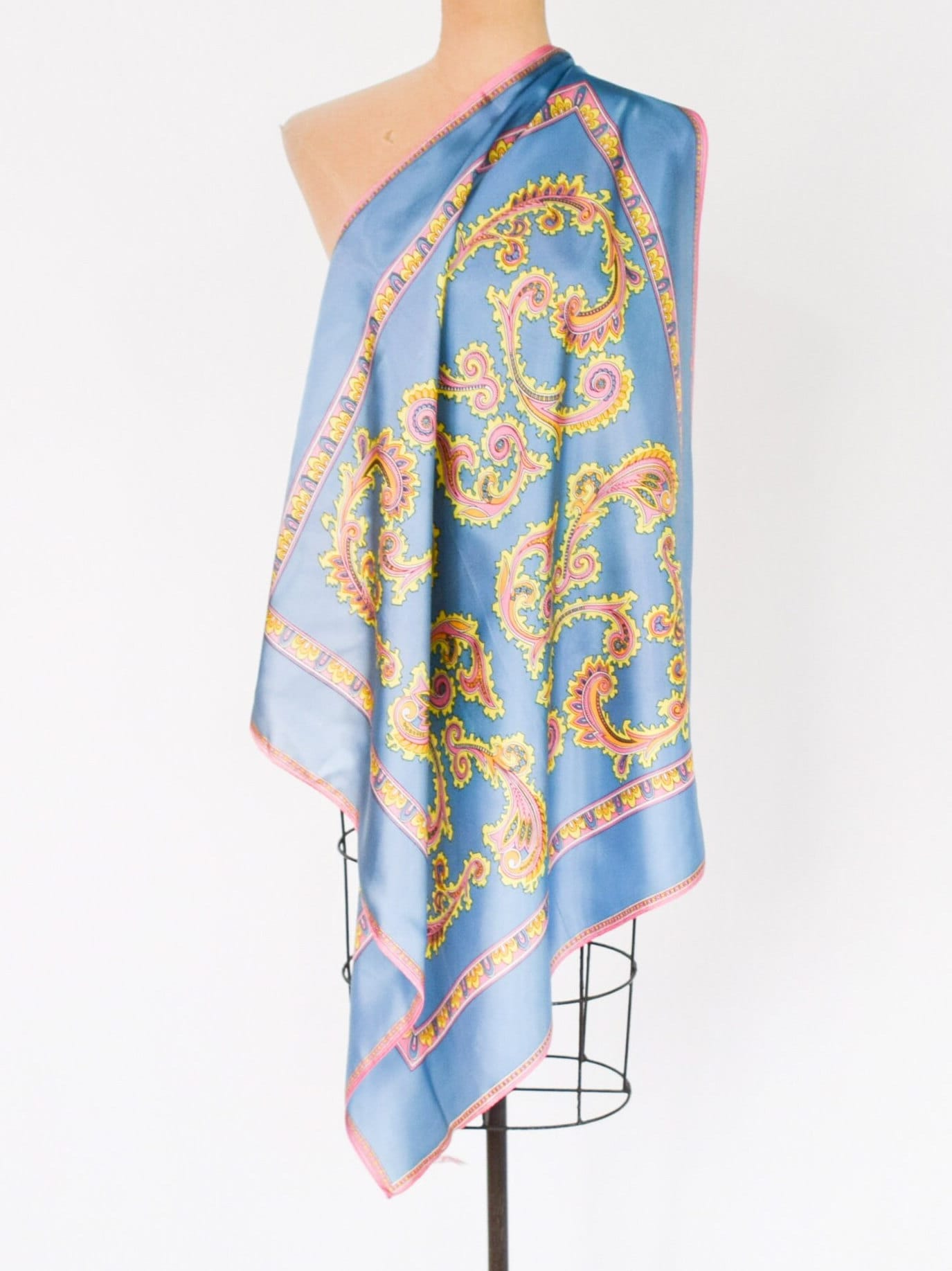1950s Turquoise Blue & Gold Paisley Print Scarf