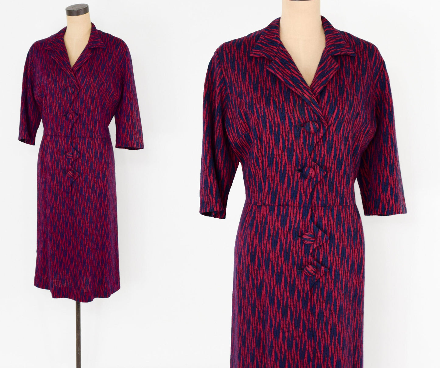 1960s Red Navy Pattern Wool Knit Dress, 38" Waist