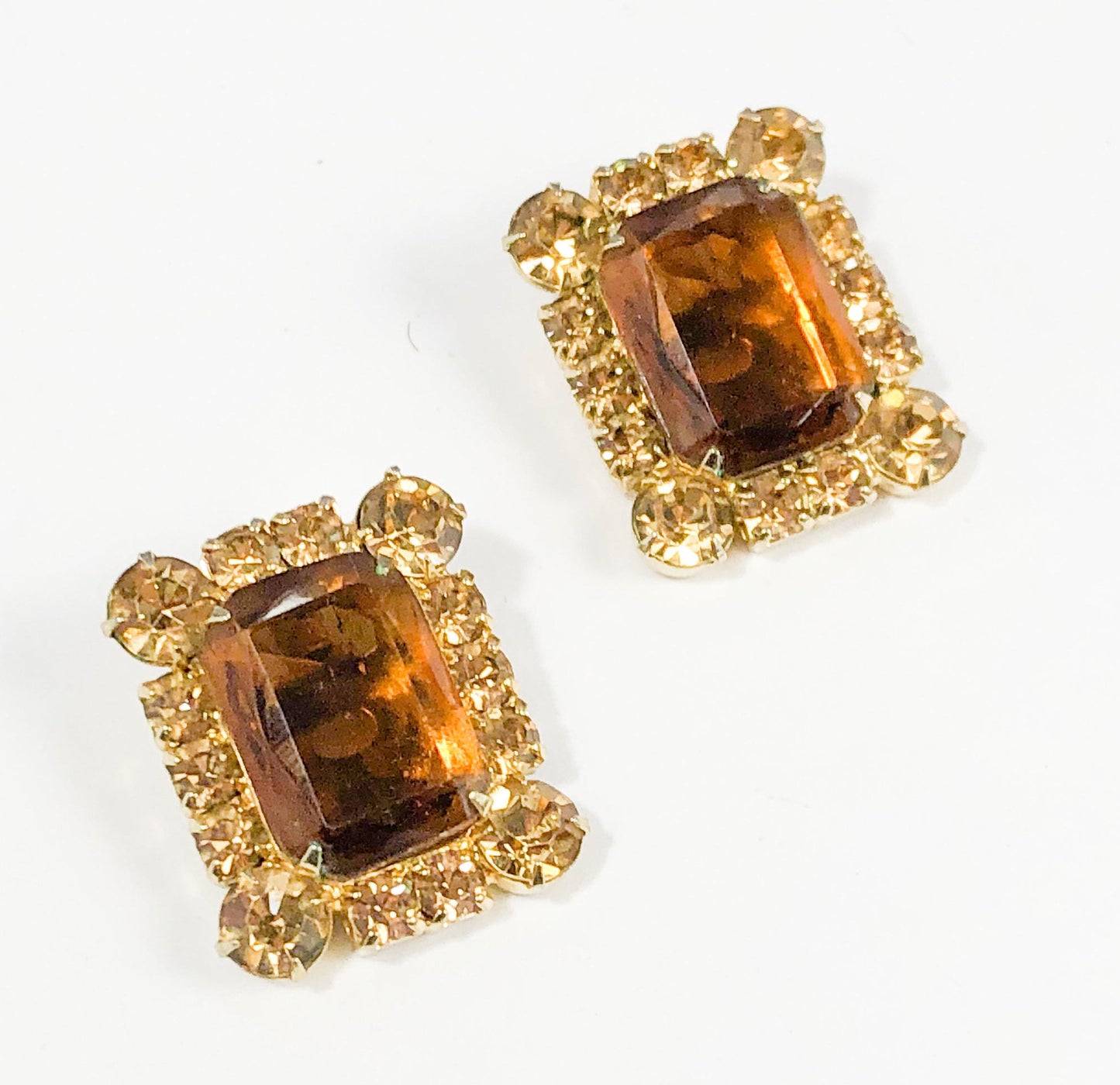 1960s Brown & Gold Rhinestone Earrings | 60s Rectangle Brown Rhinestone Earrings