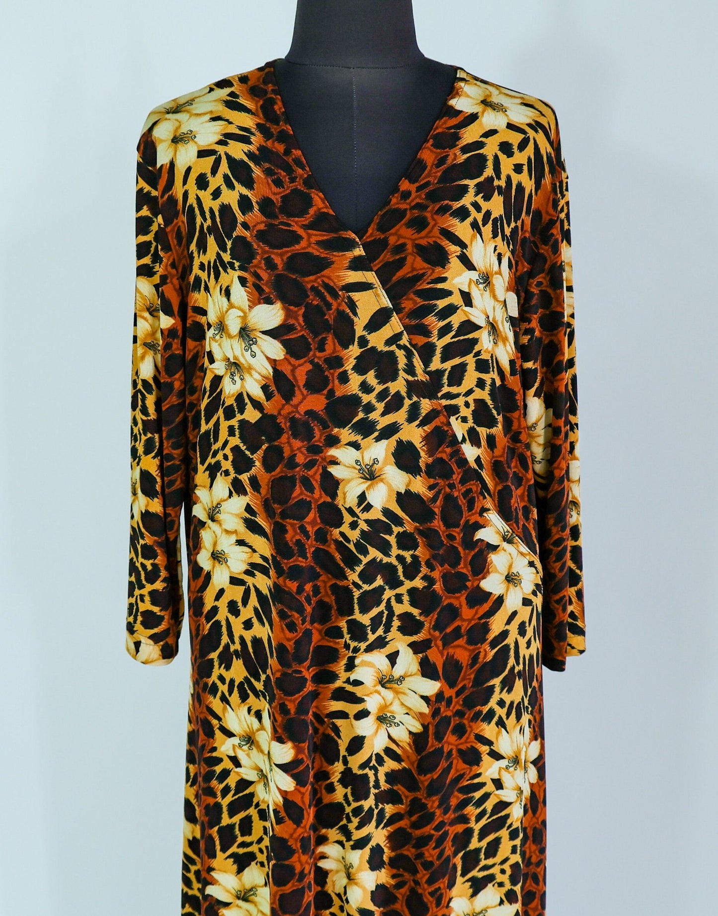 1980s Leopard Animal Print Caftan | 80s Brown Leopard Print & Flowers Maxi Dress | Carolyn Strauss | XLarge