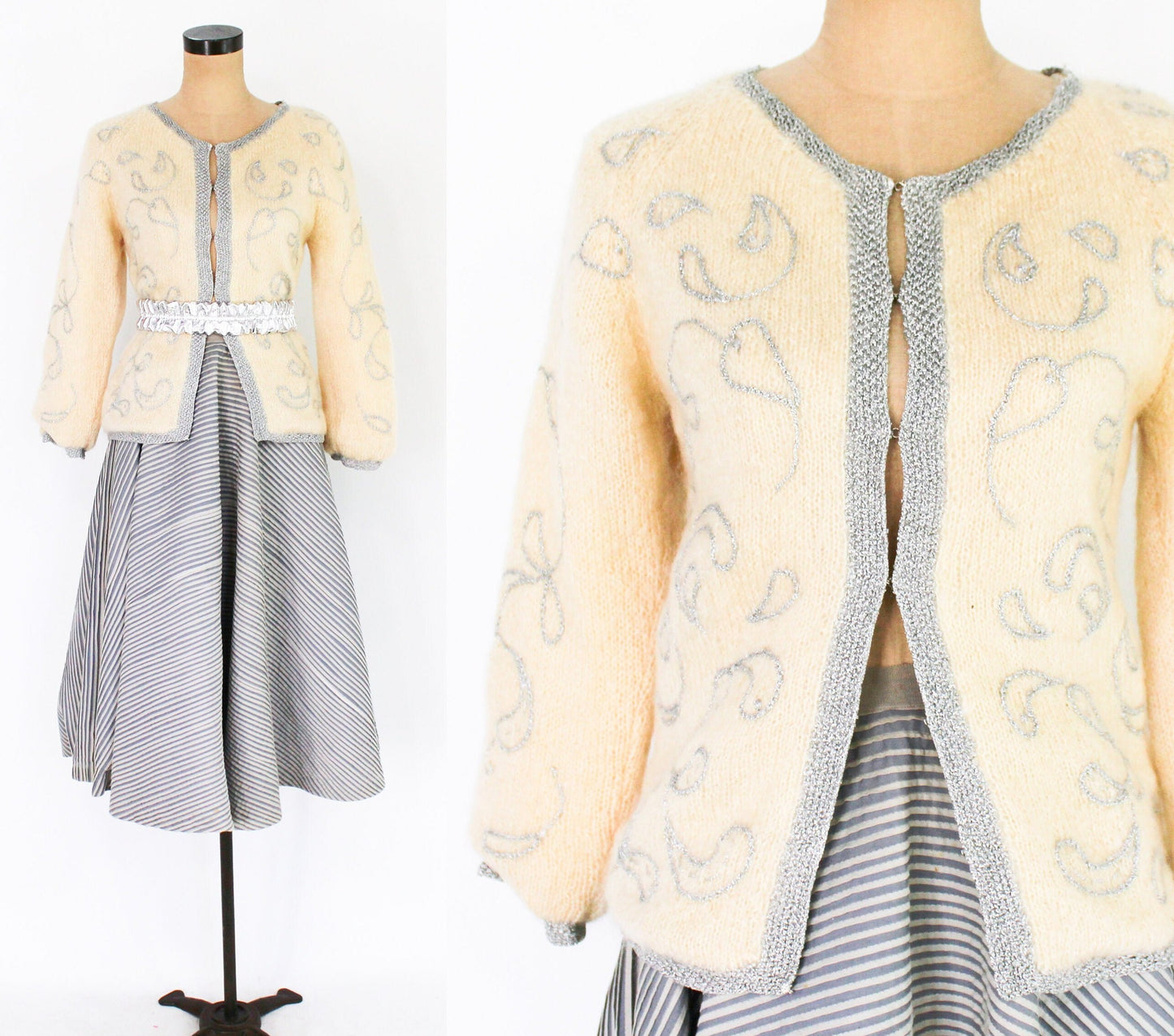 1960s Creme Mohair Cardigan | Beige Wool Sweater, Medium