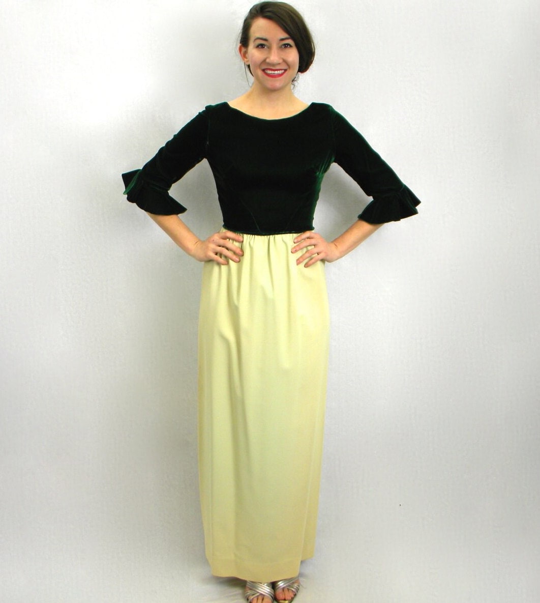 1960s Green Evening Dress | 60s Green Velvet & Crepe Dress | Bridesmaid | Prom Dress | XS