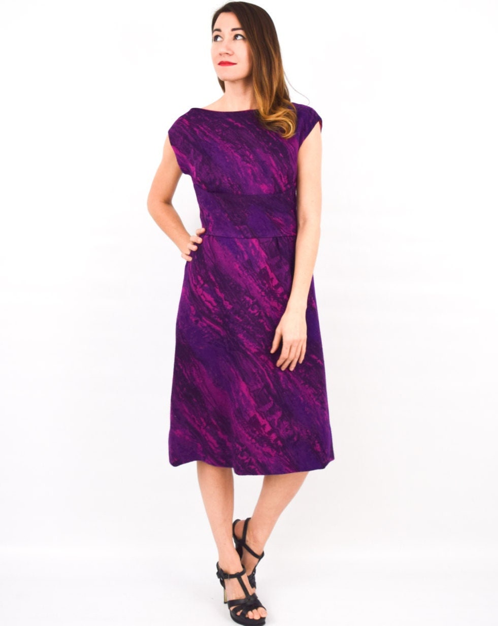 1950s Vintage Purple Wool Party Dress, Small