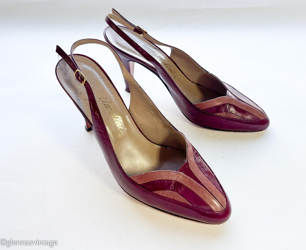 1980s Maroon Leather Slingback Heels | Red & Pink Shoes, US 6.5