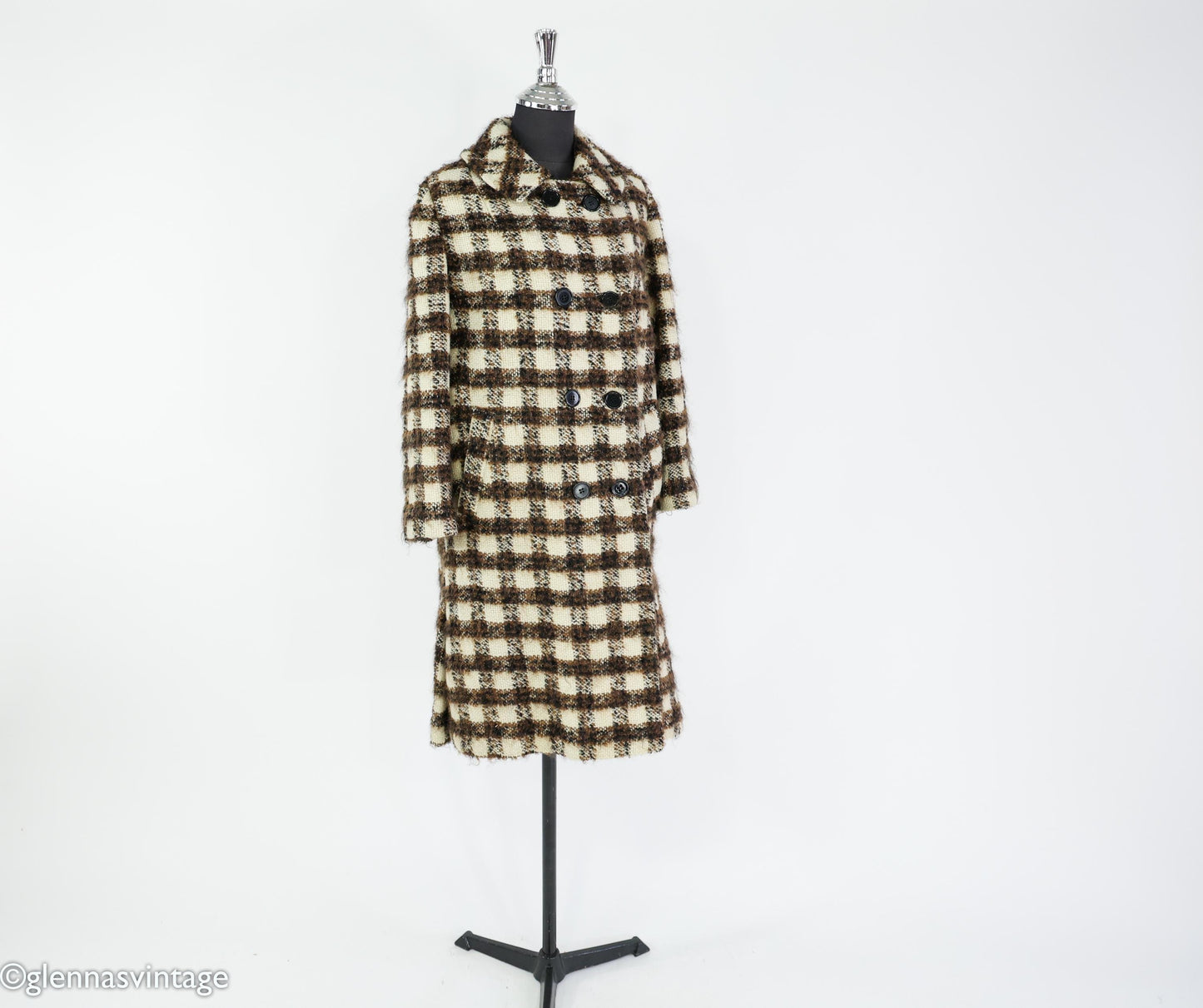 1960s Brown & Creme Plaid Wool Coat, Large