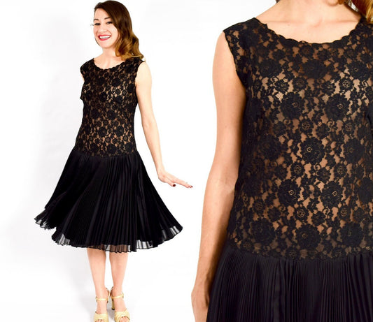 1950s Black Lace Party Dress | 50s Black Sleeveless Drop Waist Cocktail Dress | Blouse de Jour by Saab | Small