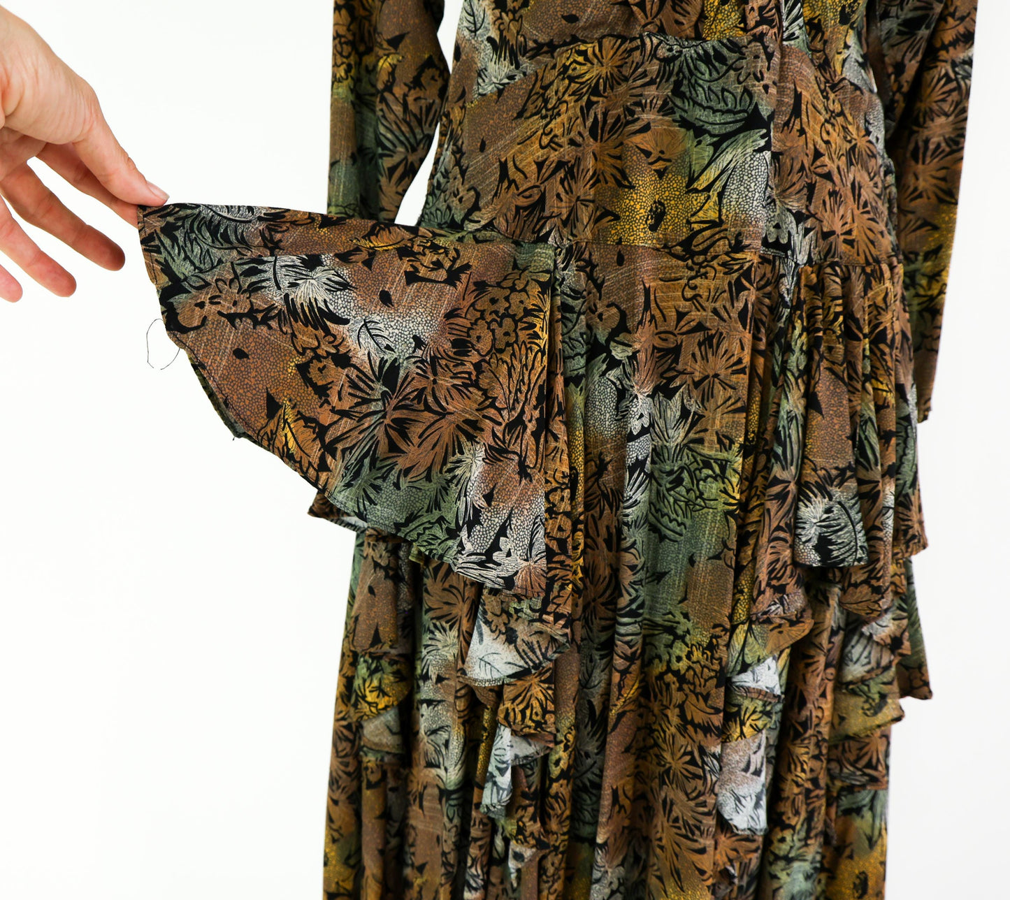 1980s Brown Floral Print Dress, Extra Large, Waist up to 36"