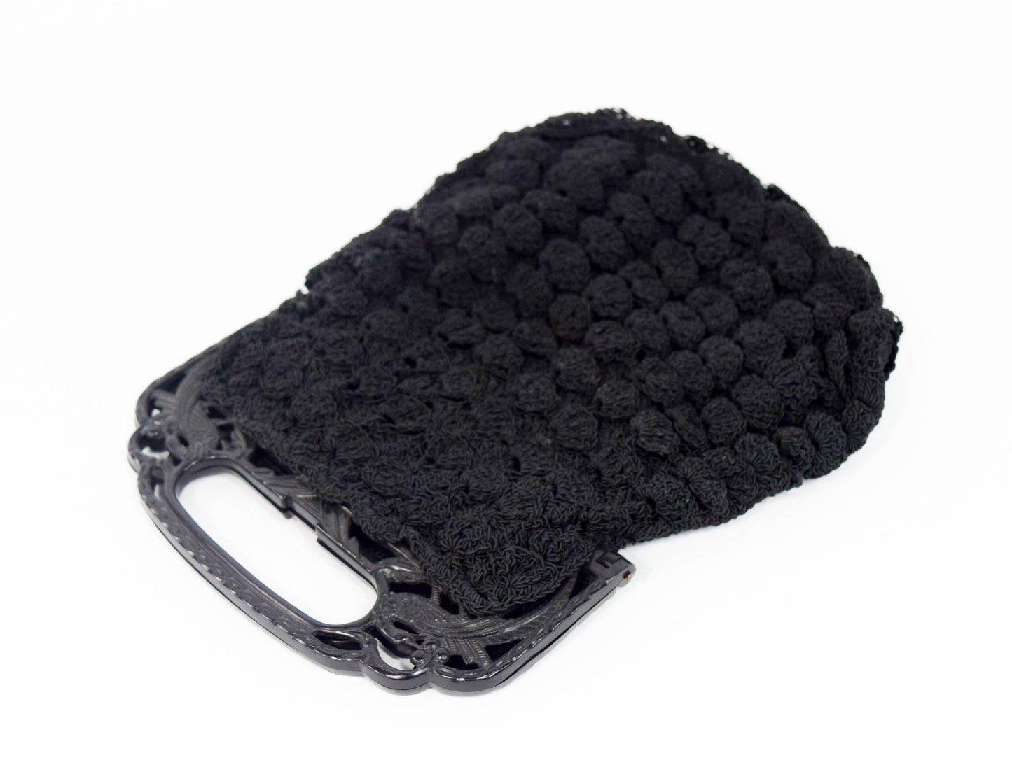 1940s Black Crochet Purse | Black Evening Bag | Carved Plastic Handle