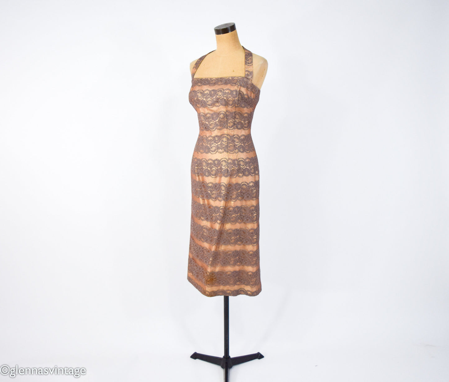 1950s Gold Lame & Brown Lace Sheath, Small
