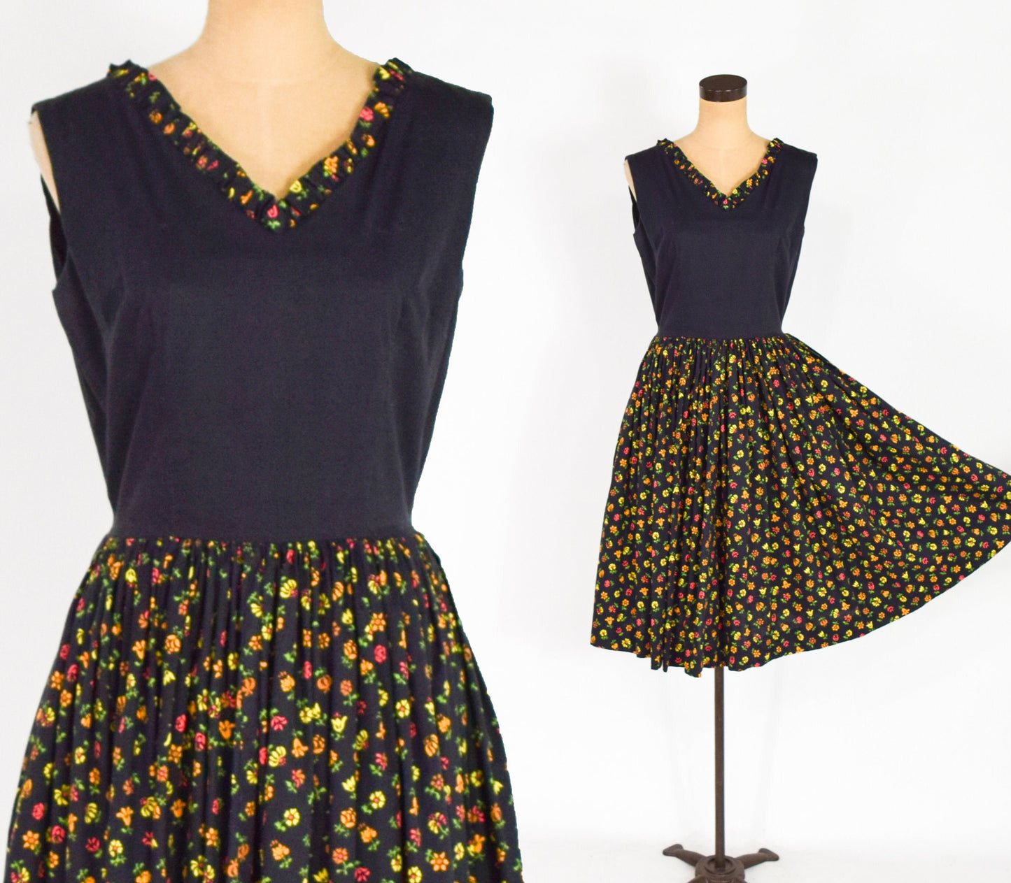 1950s Black Cotton Sleeveless Dress | 50s Black Floral Print Cotton Dress | Rockabilly | Medium