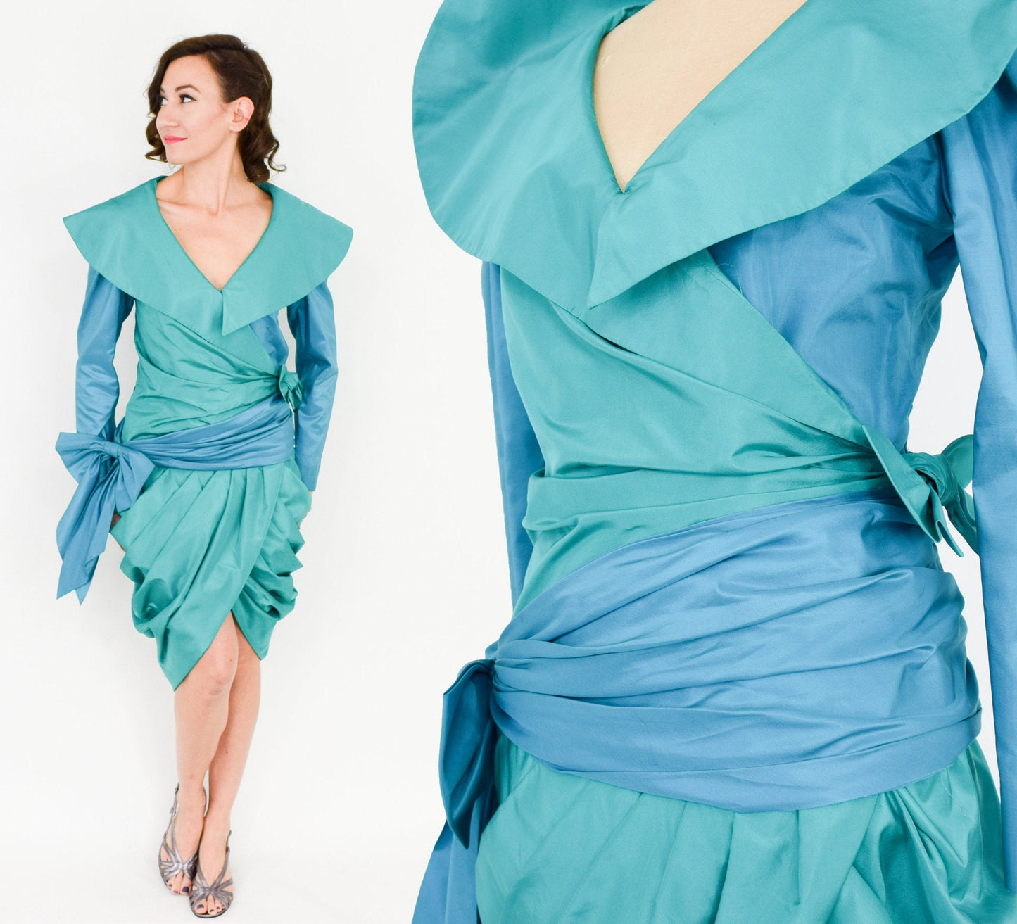 1990s Blue Silk Cocktail Dress | 90s Turquoise Blue Silk Taffeta Wrap Dress | Vera Casalino Paris | Medium