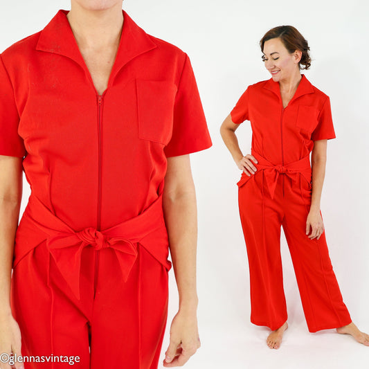 1970s Red Knit Jumpsuit, One Piece, Medium