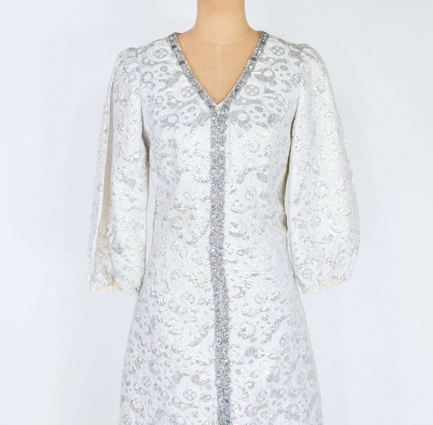 1970s Silver Brocade Evening Dress | 70s Silver Lamé Brocade Maxi Dress | Small
