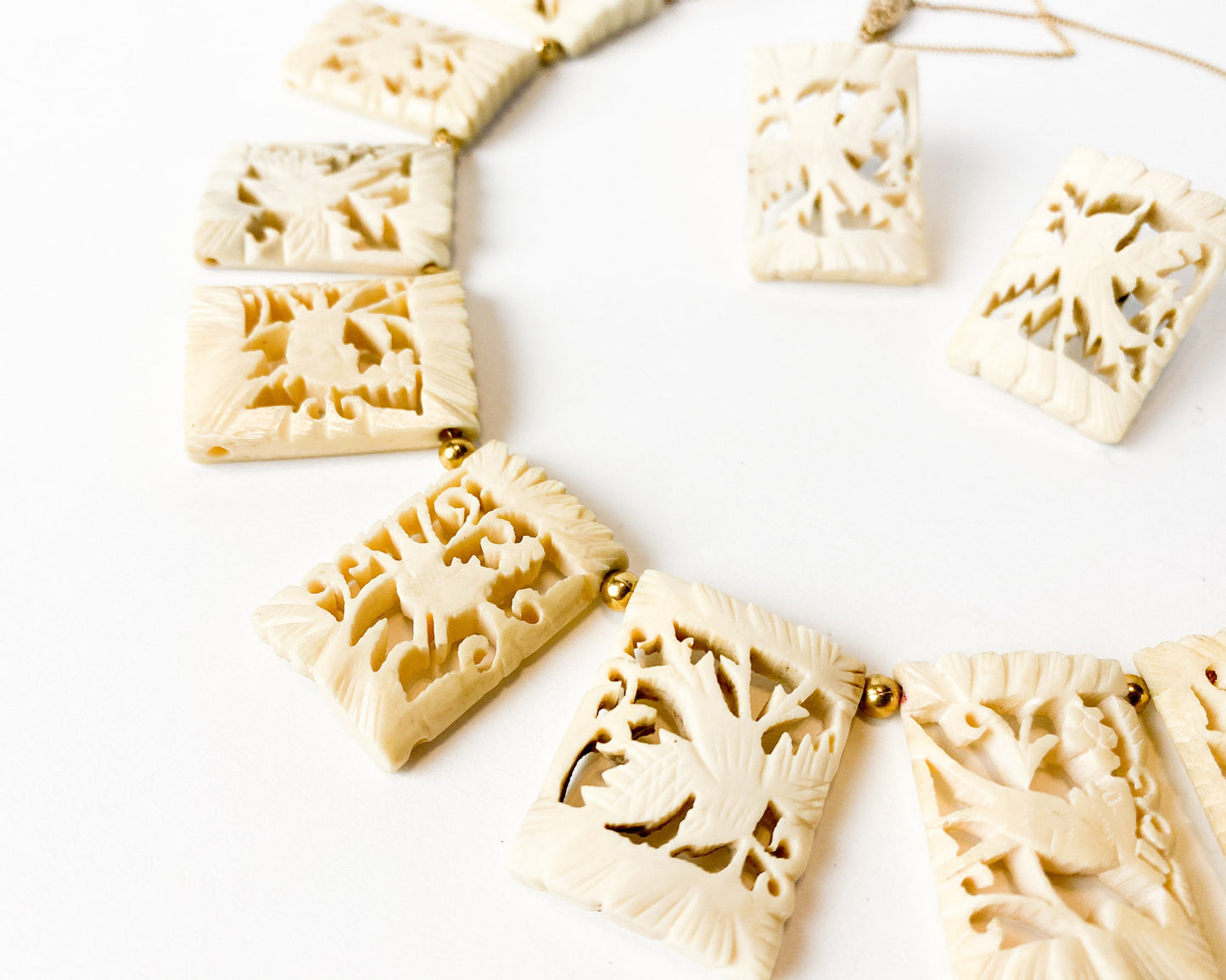 1950s Carved Bone Bird Necklace and Earrings Set