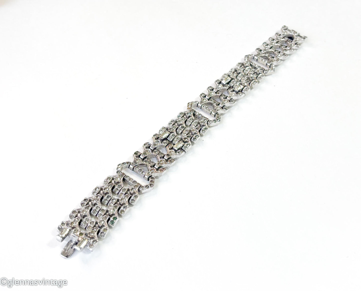 1930s Art Deco Rhinestone Bracelet, Geometric Silver Link Bracelet