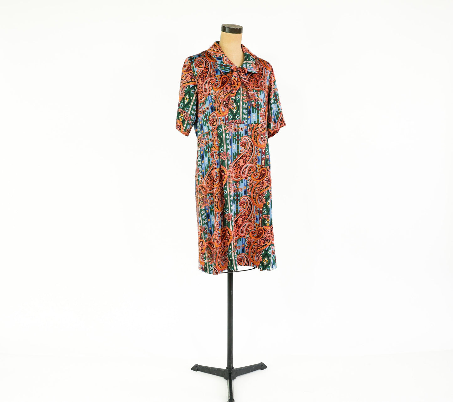 1960s Orange & Blue Paisley Print Dress, 38" Waist