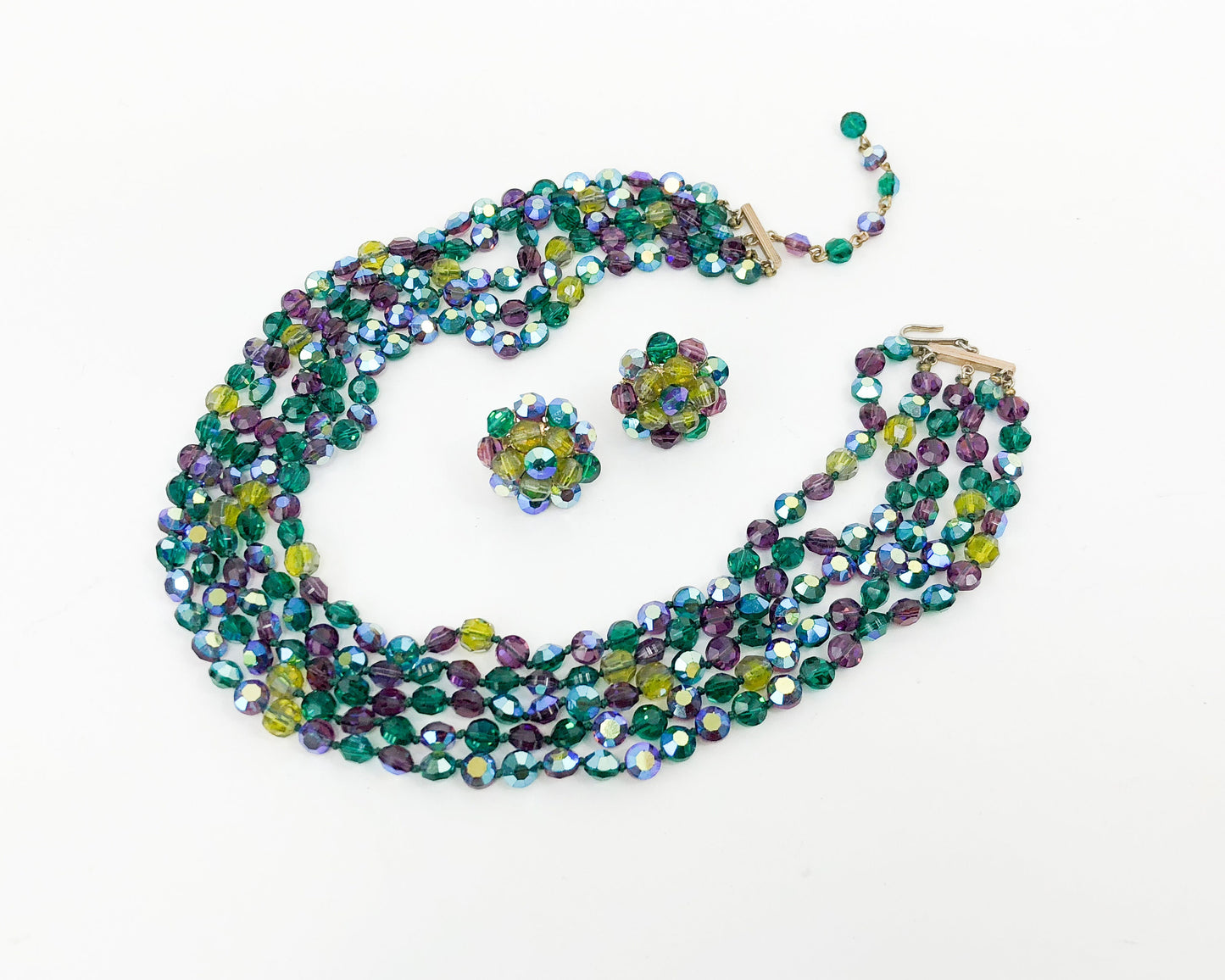 Vogue | 1960s Blue Green Crystal Necklace Set | 60s Green Faceted AB Crystal Set | Blue Multi Strand Necklace & Earrings | Vogue