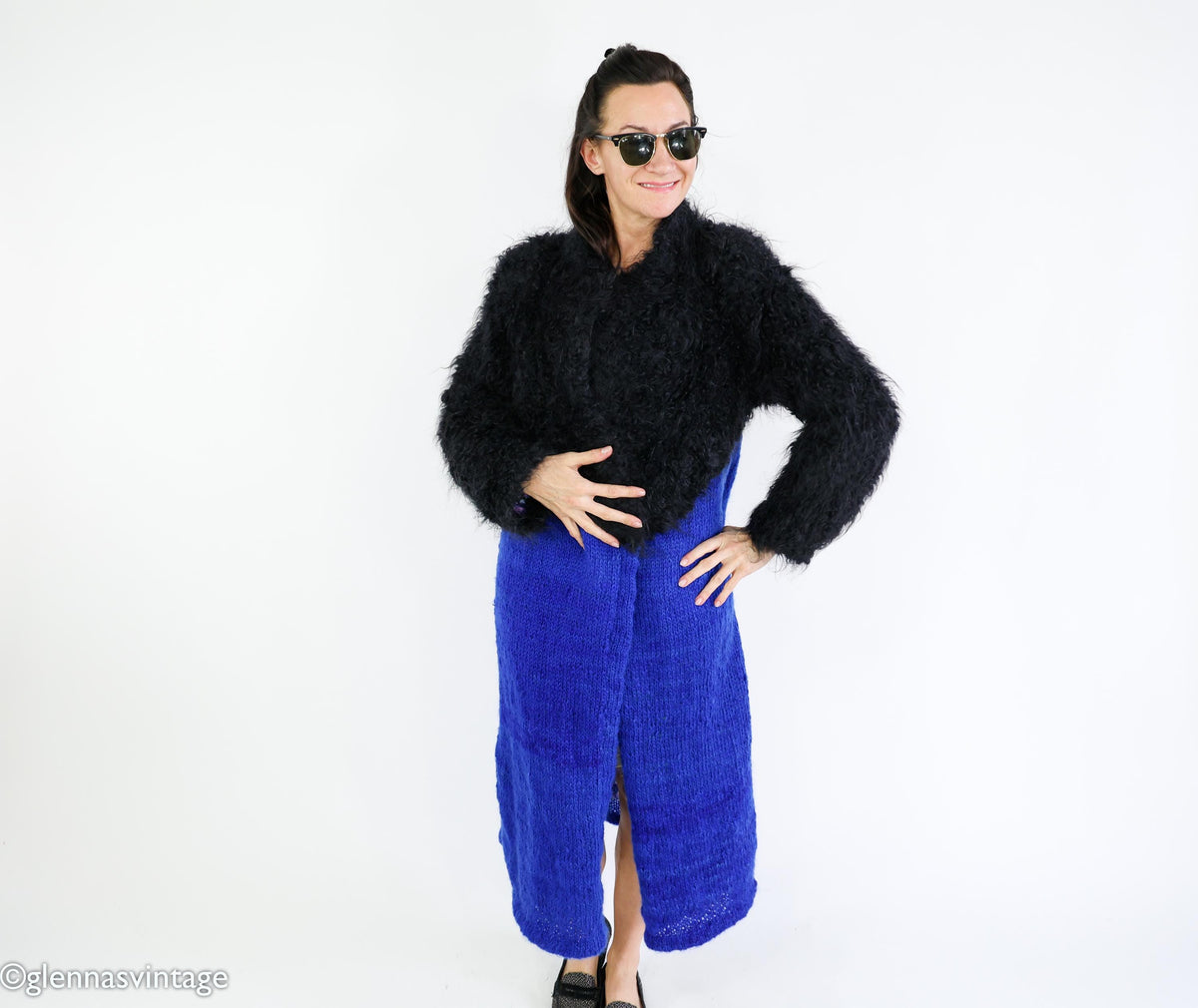 1980s Mohair Knit Coat | Royal Blue & Black Sweater