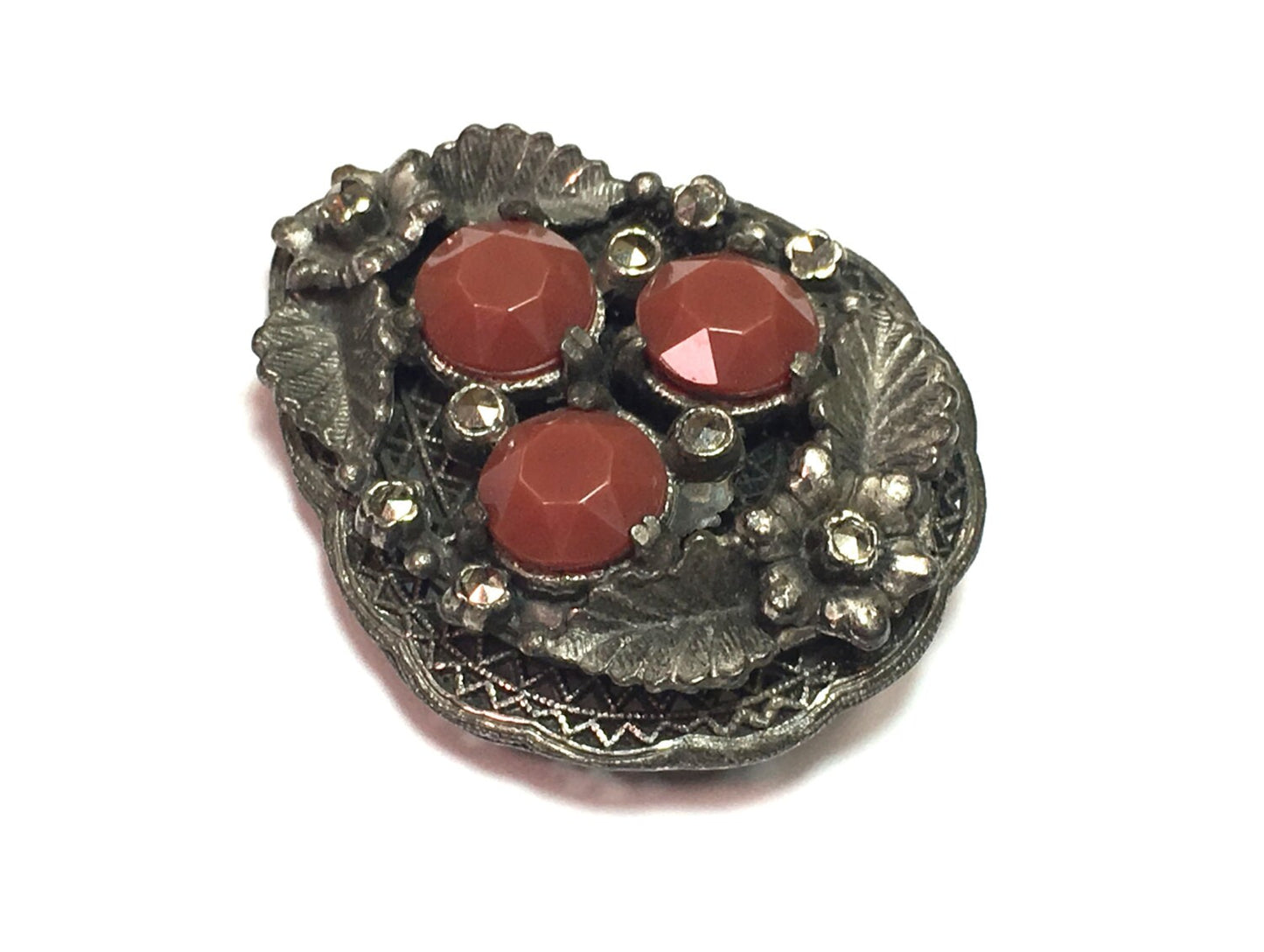 1940s Silver Filigree Dress Clip | 40s Silver Marcasite Fur Clip