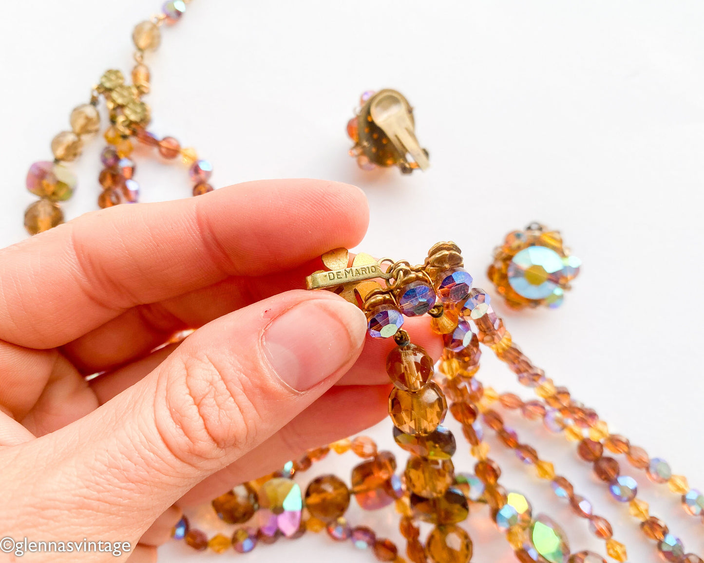 1950s Gold Crystal Necklace Set & Clip Earrings Set, De Mario Jewelry Set