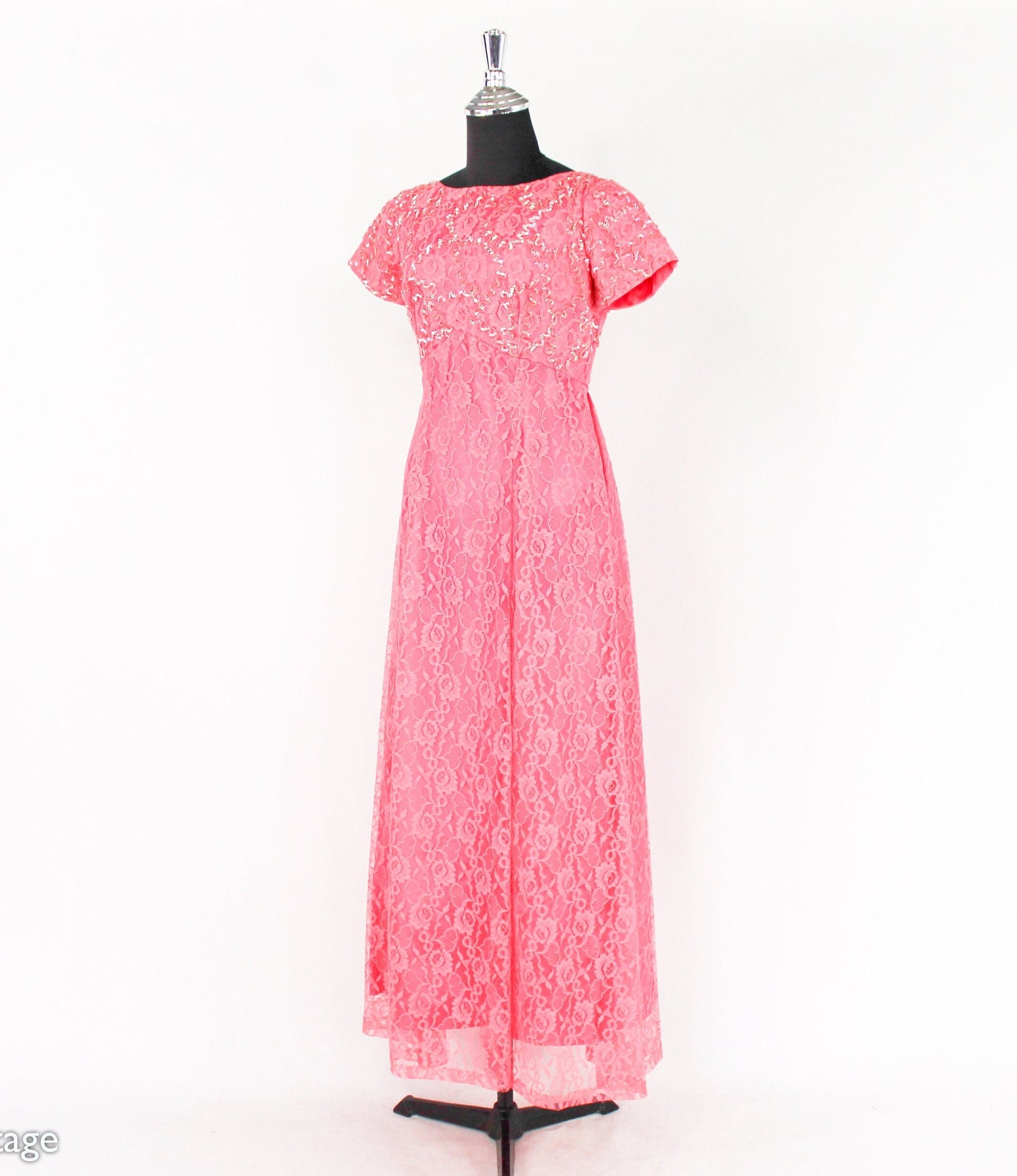 1950s Pink Lace & Sequin Formal Evening Dress, Medium