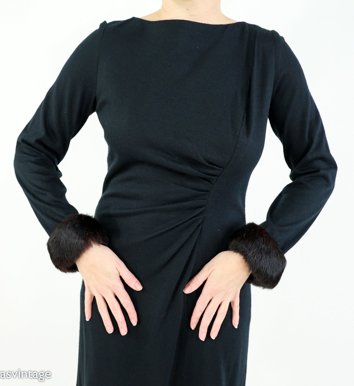 1960s Black Wool Fur Cuff Dress | 60s Black Wool Knit Cocktail Dress | Medium
