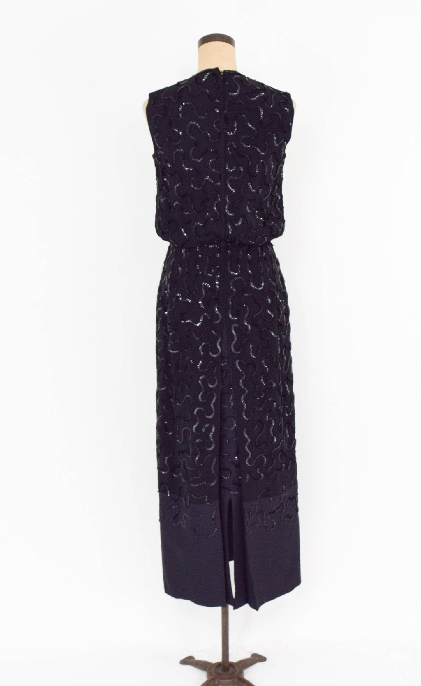 1950s Black Sequin Evening Dress | 50s Black Sleeveless Sequin Formal Dress | Medium