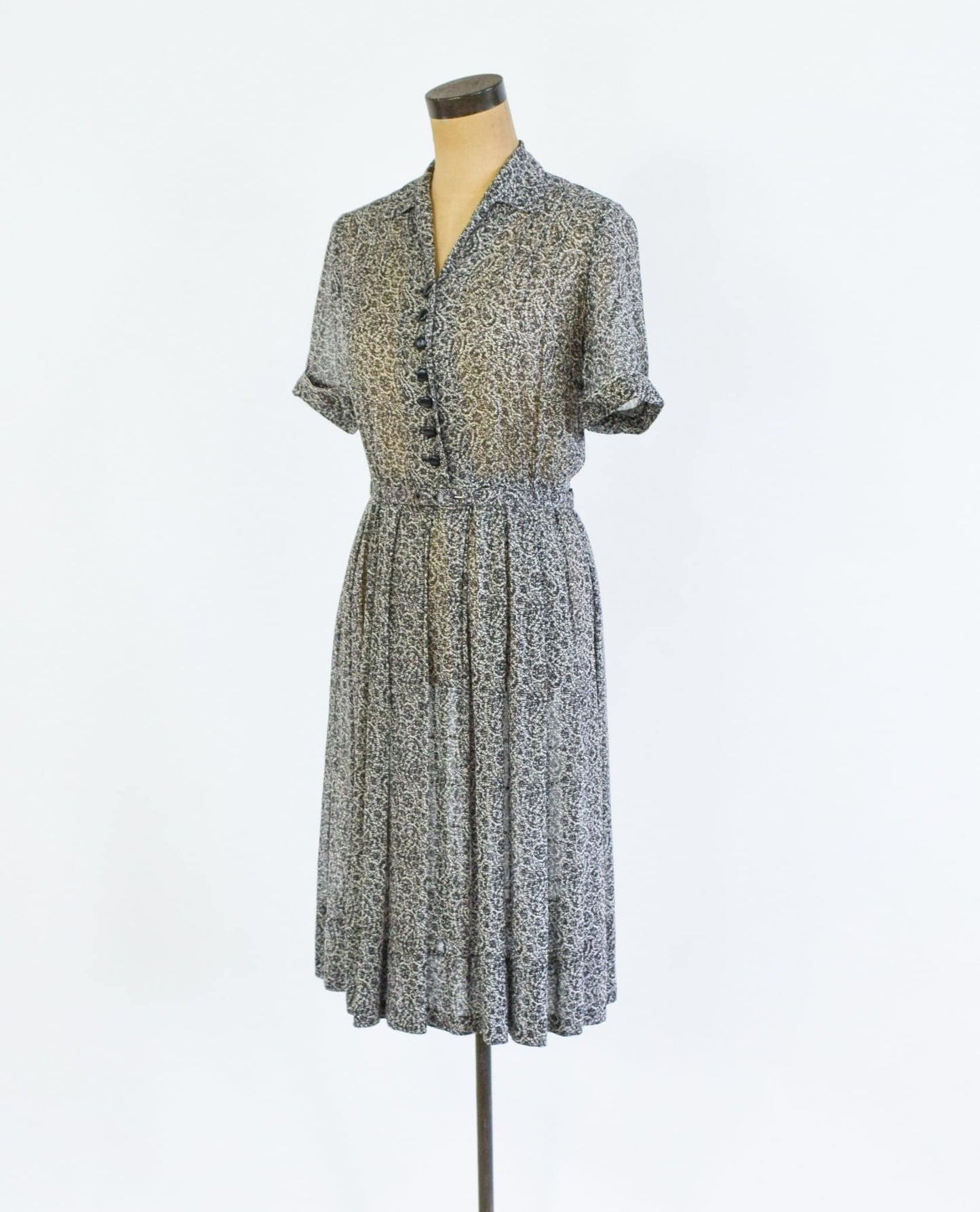 1950s Black & White Print Shirtwaist Dress, Medium