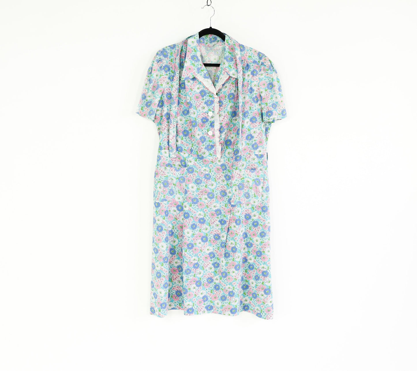 1940s Blue Pink Floral Cotton Day Dress, 40" Waist