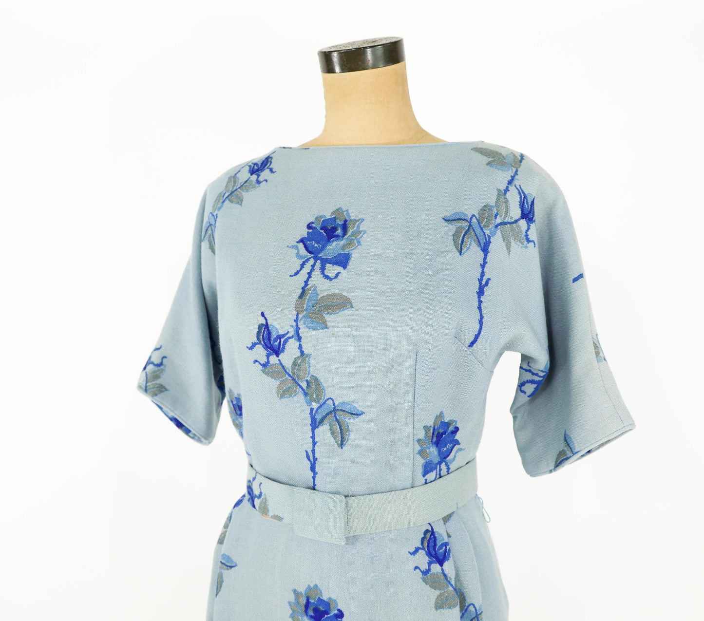 1950s Blue Floral Wool Sheath Dress, Medium