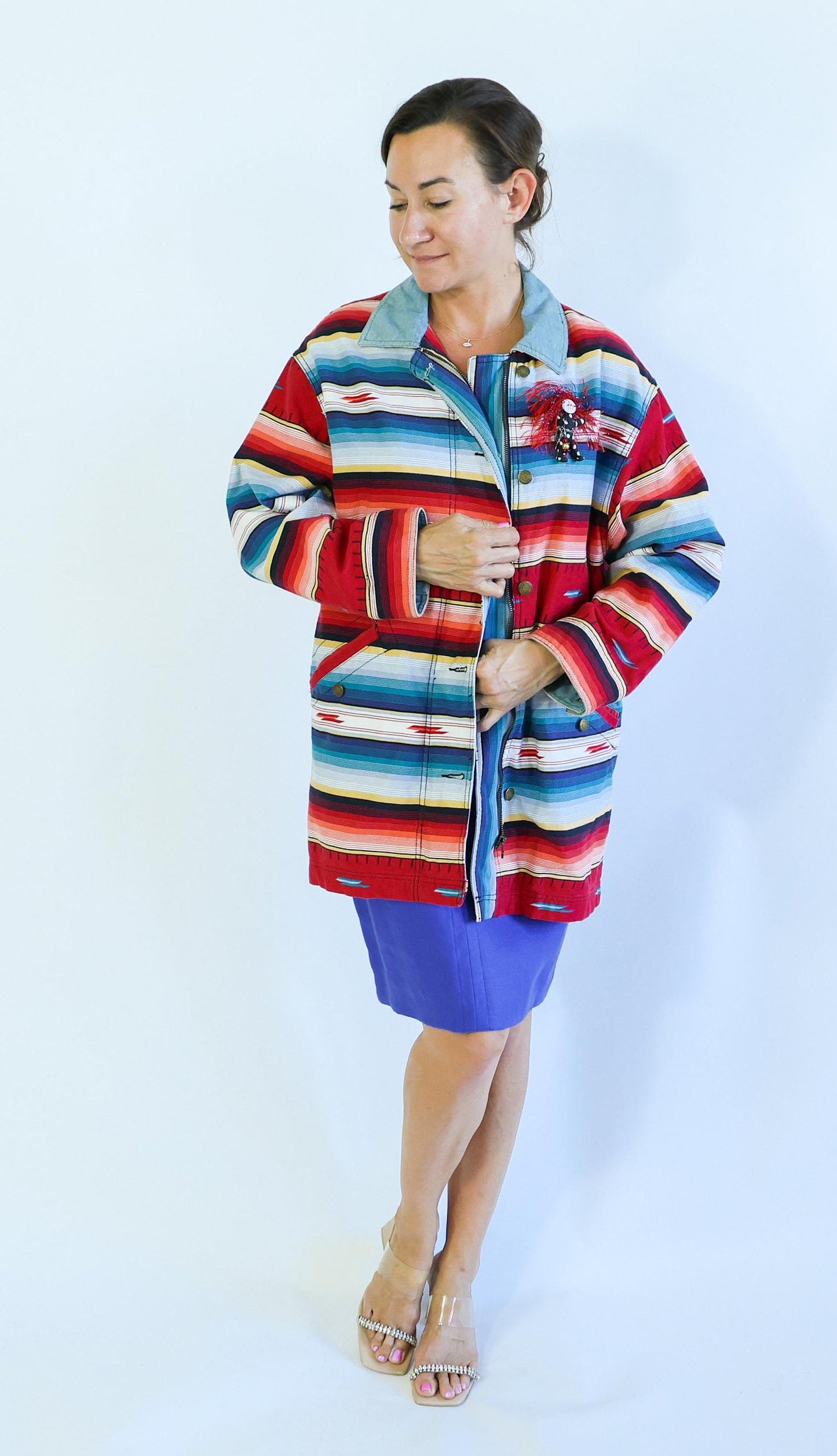 1980s Red Blue Striped Coat| 80s Western Jacket | Woolrich | Large
