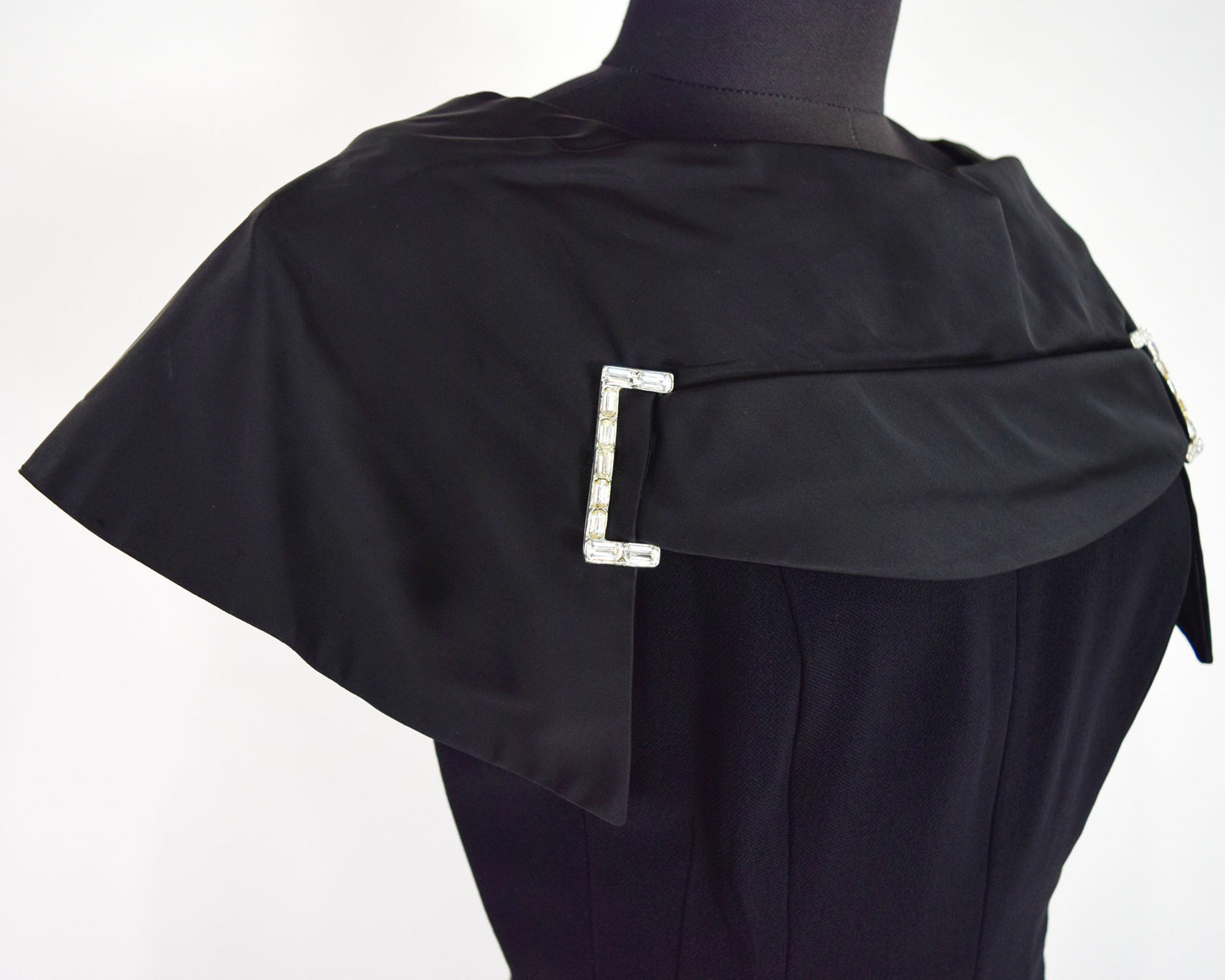 1950s Black Wool Crepe Sheath with Satin Collar, Small