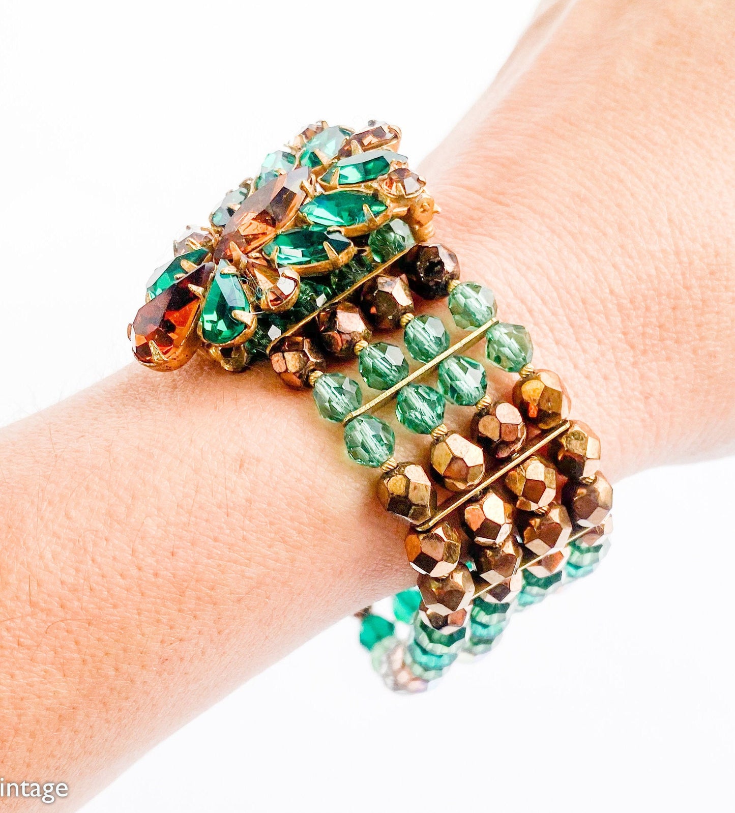 Eugene | 1950s Crystal & Rhinestone Bracelet | 50s Crystal Evening Bracelet | Green Bronze Crystal Bracelet | Eugene