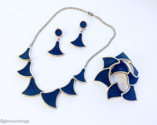 1980s Gold & Black Suede Jewelry Set, Parure Jewelry Set