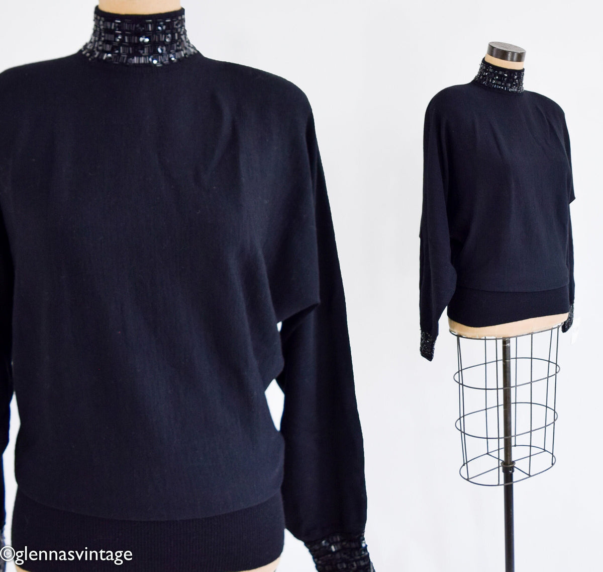 1980s Black Wool Beaded Turtleneck Sweater | Semplice, Medium