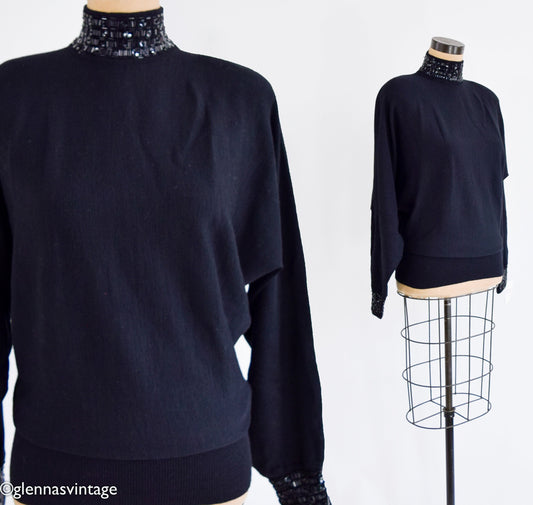 1980s Black Wool Beaded Turtleneck Sweater | Semplice, Medium