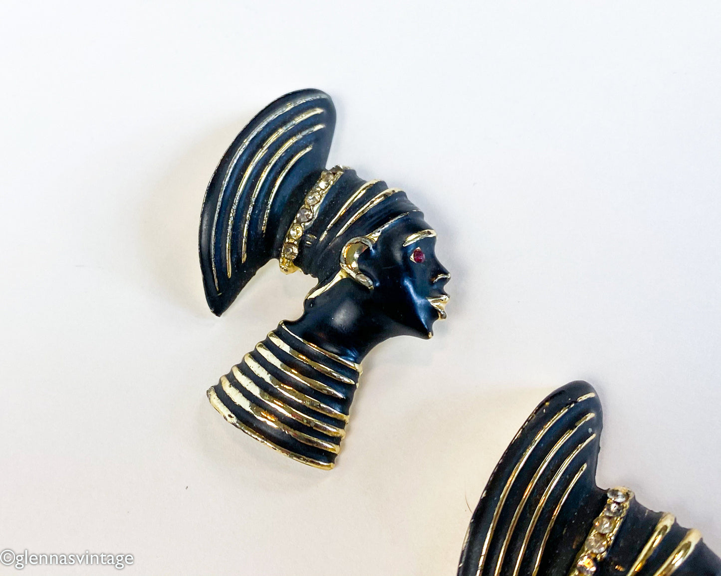 1950s Nubian Princess Brooch Set | Gold & Black Enamel Pins