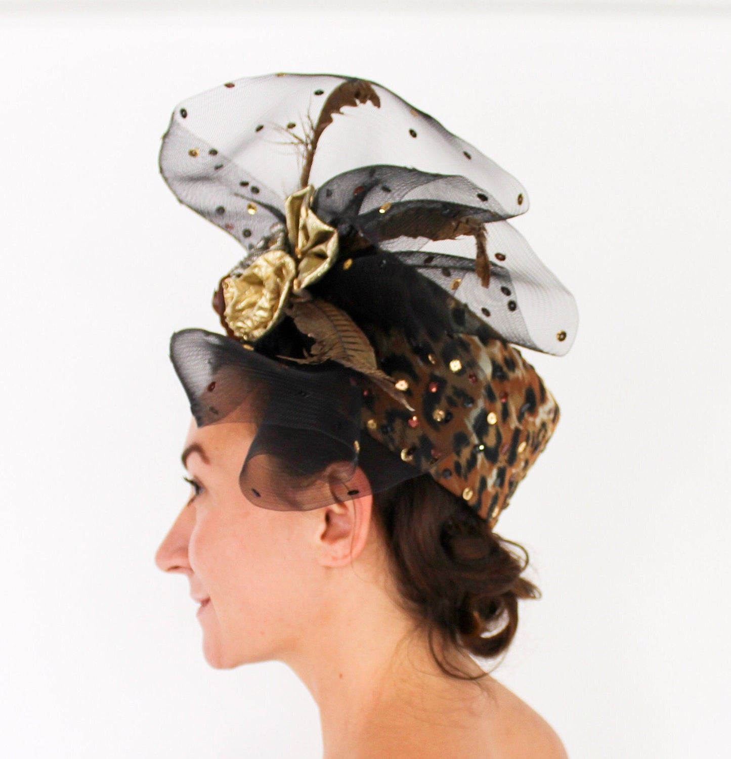 1980s Leopard Fascinator Hat with Tulle & Sequins