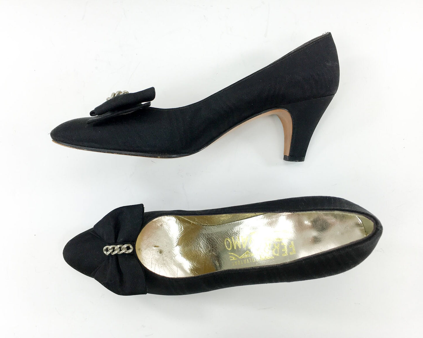 Ferragamo Black Silk Pumps | Black Evening Shoes, Size 6AA