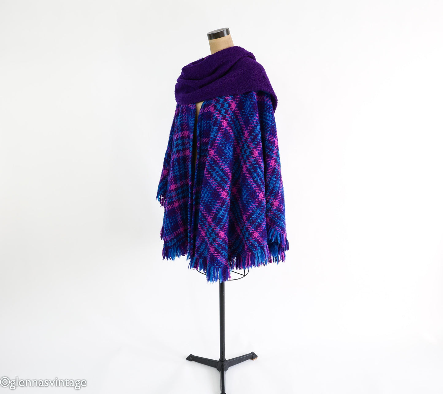 1980s Purple Blue Plaid Cape Irish Wool Cape, One Size