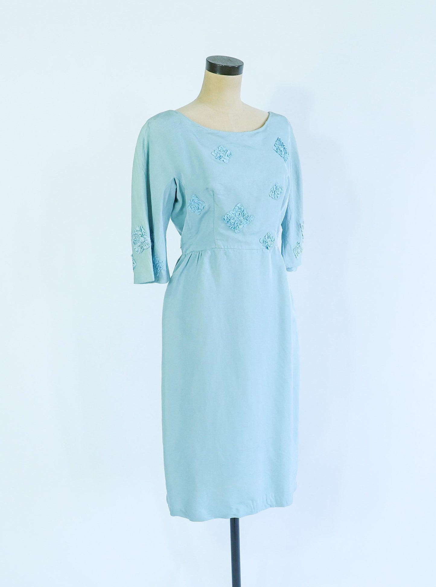 1950s Turquoise Silk Cocktail Dress | Rosette Bodice, Large