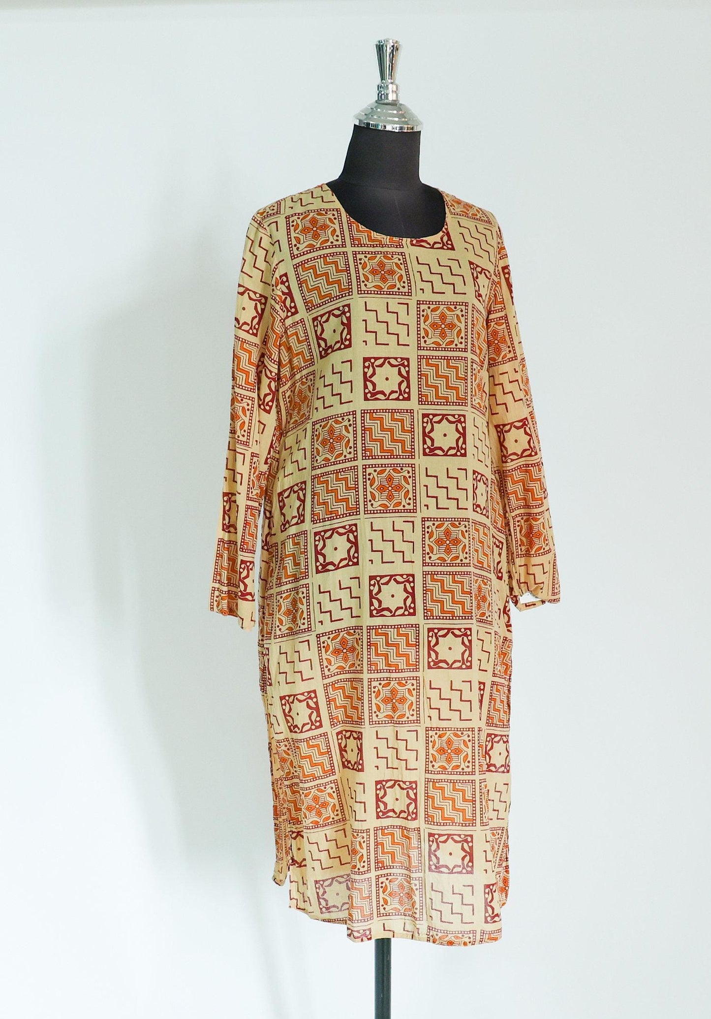 1980s Brown Print Cotton Caftan Tunic Dress, Medium