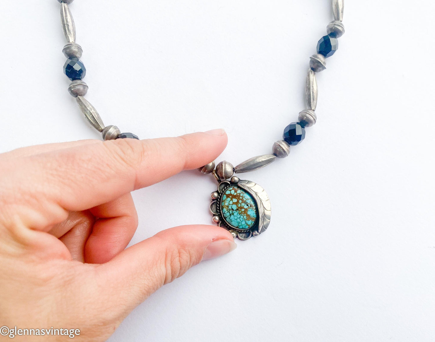 1940s Turquoise Pendant Necklace | Vintage Sterling Silver, Black Glass Beads